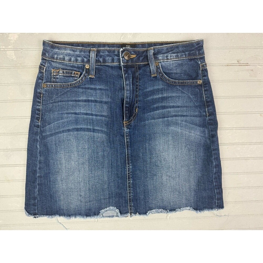 Just Black Size S Women Skirt Denim Jeans Midi Dark Wash Stretch Raw Hem Stretch